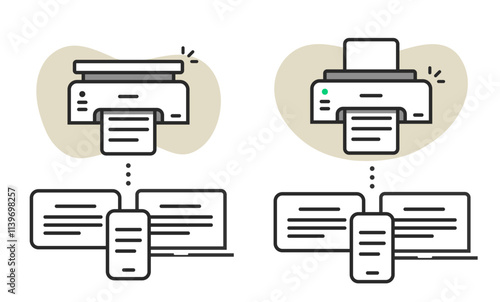 Printing from cell phone, computer and tablet devices technology icon vector graphic illustration set line stroke outline, wireless printer printout from smartphone and laptop pc pictogram minimal
