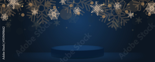 Snowflakes podium or stage on dark blue Christmas studio background, room with gradient tone backdrop, golden snow falling with beautiful bokeh for new year or winter promotion products.