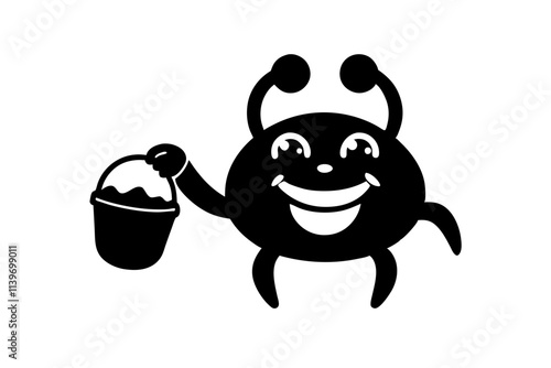 A smiling crab holding a tiny bucket of sand, sticker style. photo