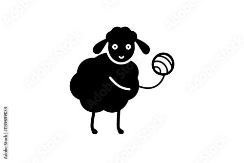 A joyful sheep holding a yarn ball in cartoon sticker illustration.