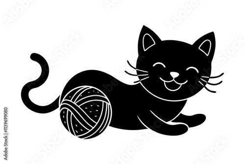 A playful kitten tangled in yarn and smiling, sticker style.