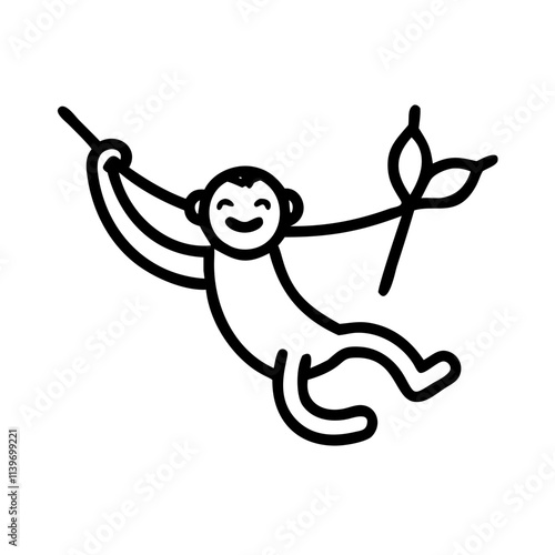 A giggling monkey swinging on a vine with a banana.