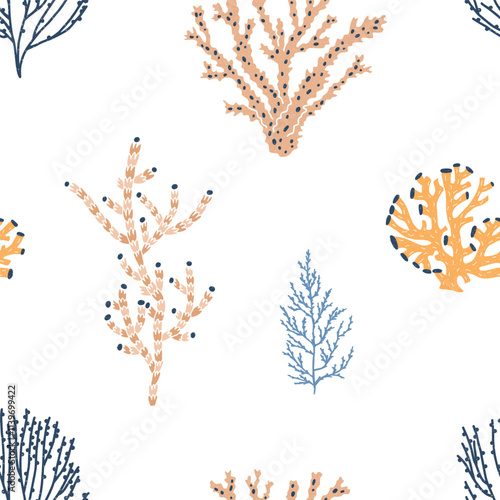 Coral pattern, seamless texture design. Marine background with seaweed, sea r...
