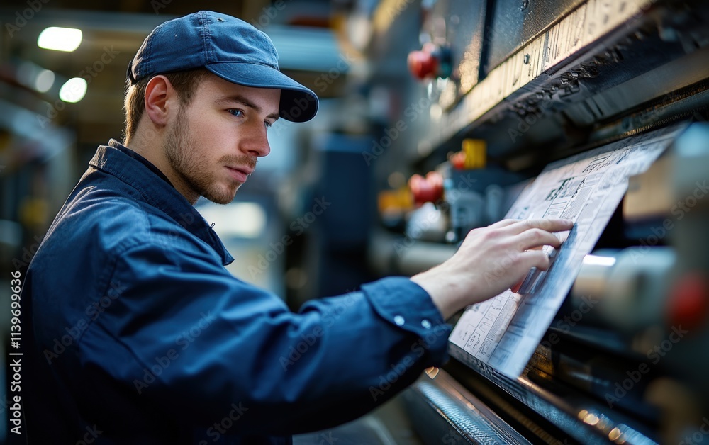 Focused worker meticulously guides a large sheet through an industrial cutting machine in a bustling factory setting. Precision and efficiency in action! Focused worker meticulously guides a large sheet through an industrial cutting machine in a bustling factory setting. Precision and efficiency in action!
