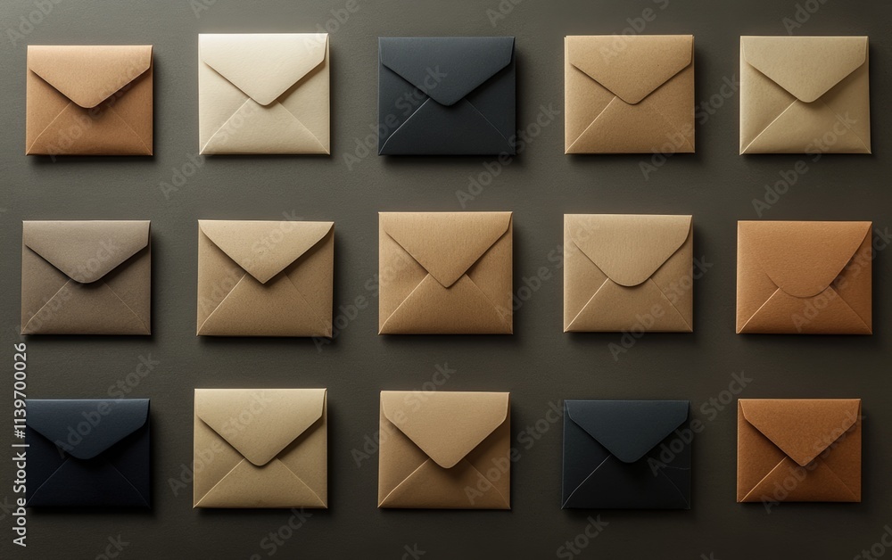 A captivating array of subtly hued envelopes, arranged in a neat grid against a dark backdrop. A minimalist's dream! A captivating array of subtly hued envelopes, arranged in a neat grid against a dark backdrop. A minimalist's dream!