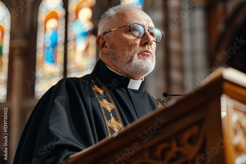 A priest in traditional clerical attire stands in a tranquil, ornate church interior, conveying solemnity and spirituality. photo