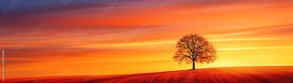 A solitary tree against a vibrant sunset sky, highlighting nature's beauty and tranquility. A solitary tree against a vibrant sunset sky, highlighting nature's beauty and tranquility.