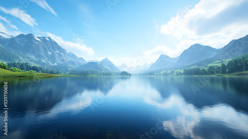 A serene mountain landscape with a reflective lake and blue sky, evoking tranquility.