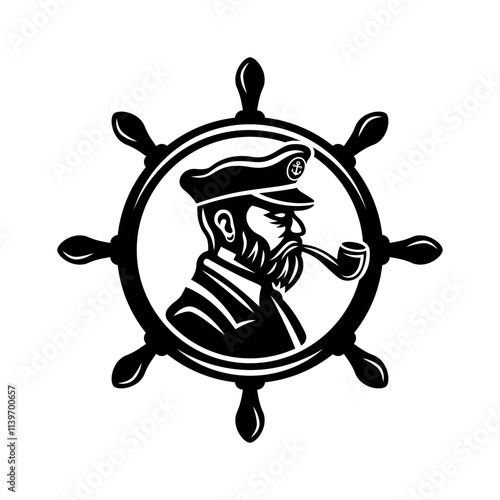 Captain with pipe side view, inside rudder wheel vector black illustration on white background