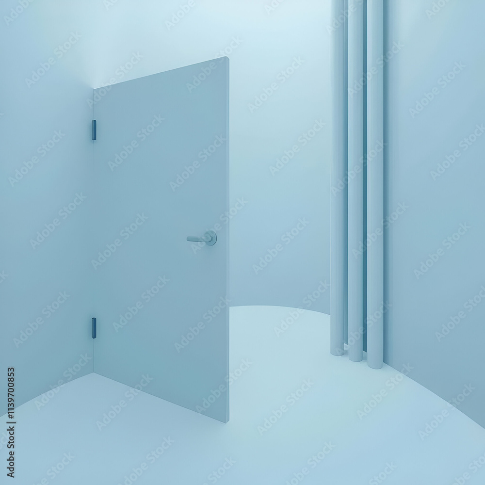 Minimalistic Open Door in Monochromatic Light Blue Interior Spac Minimalistic Open Door in Monochromatic Light Blue Interior Spac