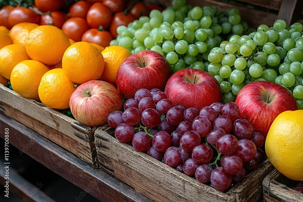 A wooden crate full of fruit including apples, oranges, and grapes A wooden crate full of fruit including apples, oranges, and grapes