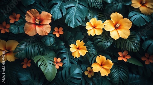 Wallpaper Mural Lush tropical foliage with vibrant orange and yellow hibiscus flowers. Torontodigital.ca