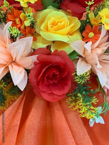 Picture of red and yellow rose petals blooming , beautiful flower and authentic fragrance for wedding or valentine colorful bouquet, selective focus.