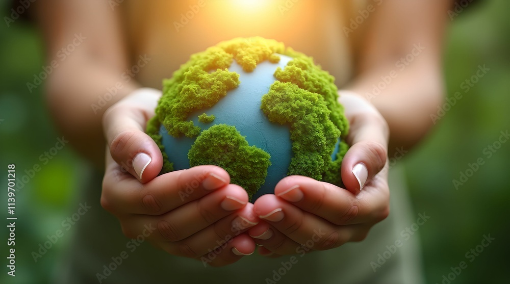 Female hands hold a small globe - the Earth is covered with lush green foliage, symbolizing environmental awareness and sustainable development. Female hands hold a small globe - the Earth is covered with lush green foliage, symbolizing environmental awareness and sustainable development.
