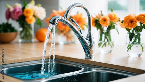 A vibrant flower, plucked from the garden, now graces the cool water of the glass, mirroring the tranquil fountain photo