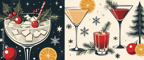 Retro Christmas cocktail designs inspired by mid-century festive art