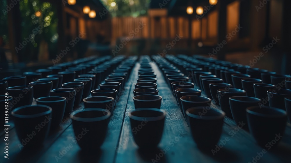 Obraz premium A Close-Up View of Numerous Traditional Tea Cups Arranged on a Wooden Table in a Serene Outdoor Setting Surrounded by Nature and Soft Lighting