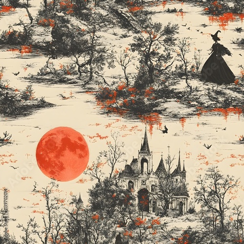 Toile de Jouy Pattern Featuring Silhouettes of a Witch, Haunted Castle, Red Moon, and Spooky Trees, with Black, Orange, and Beige Tones for a Dramatic, Vintage Design