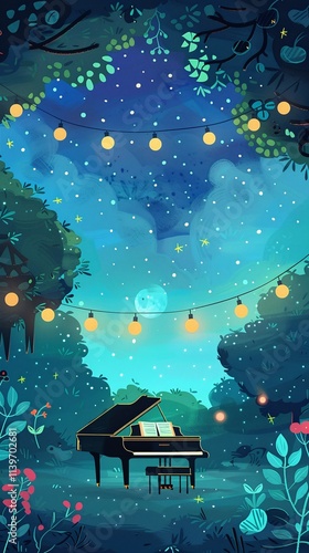 A piano is placed under a tree, with a green meadow background.