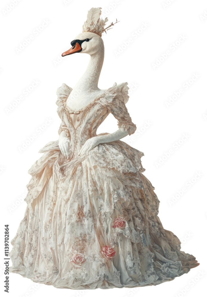Naklejka premium PNG Swan costumes wearing Baroque Fantasy Gown animal dress illustration.