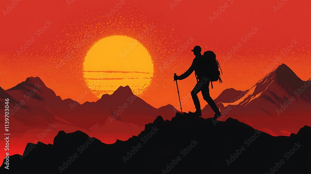 A hiker silhouetted against a vibrant sunset over mountains, capturing the essence of adventure. A hiker silhouetted against a vibrant sunset over mountains, capturing the essence of adventure.