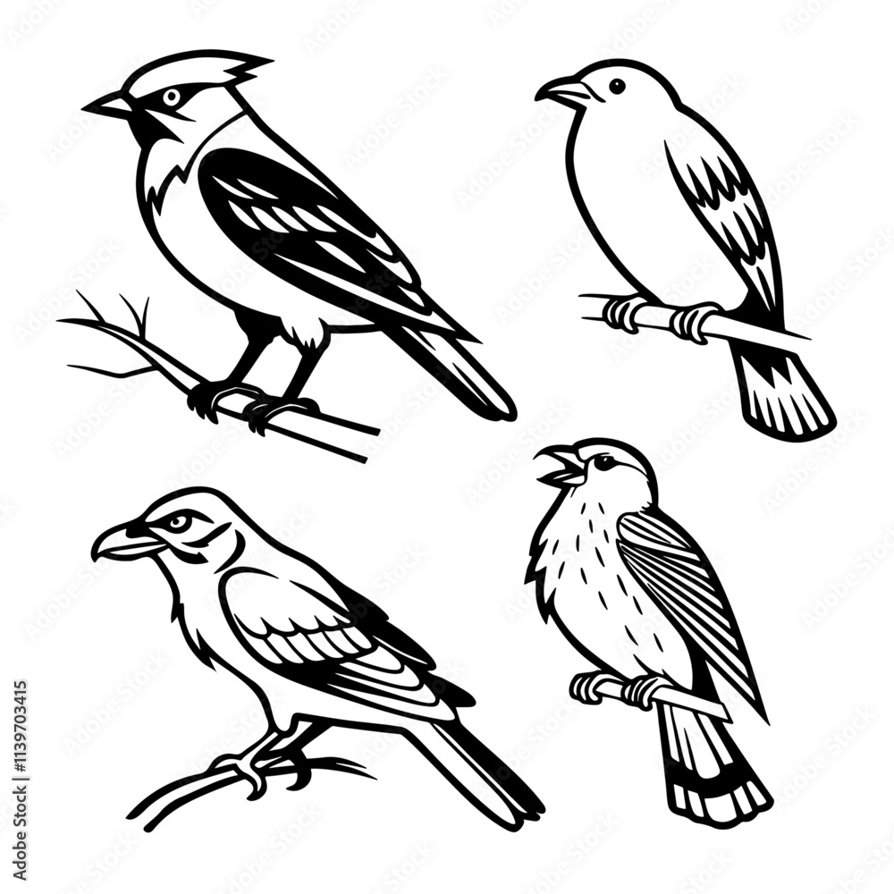 Fototapeta premium Set of Bird Silhouettes Perched on a Branch Vector Collection