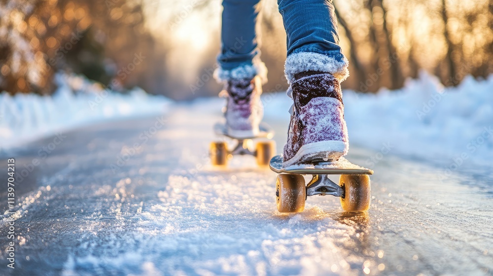 Person skating on ice with colorful skateboard shoes during sunset in a snowy landscape, showcasing winter sports and vibrant outdoor activities in nature. Person skating on ice with colorful skateboard shoes during sunset in a snowy landscape, showcasing winter sports and vibrant outdoor activities in nature.