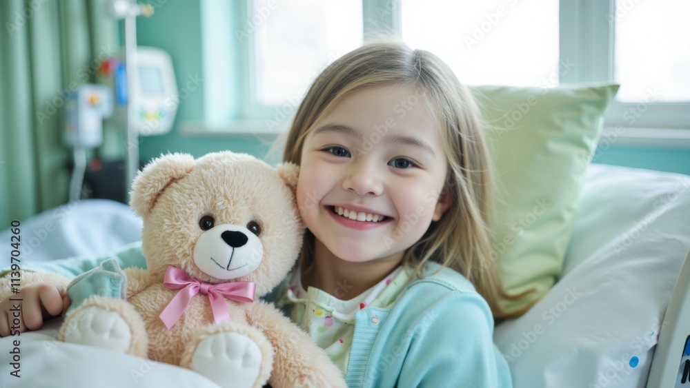 Young girl around 2-4 years old smiling in a hospital bed, holding a plush teddy bear with a pink ribbon, wearing a light green nightgown and blue cardigan Young girl around 2-4 years old smiling in a hospital bed, holding a plush teddy bear with a pink ribbon, wearing a light green nightgown and blue cardigan