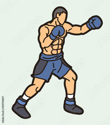 Boxing Sport Fighter Punching Action Kickboxing Muay Thai Cartoon Graphic Vector