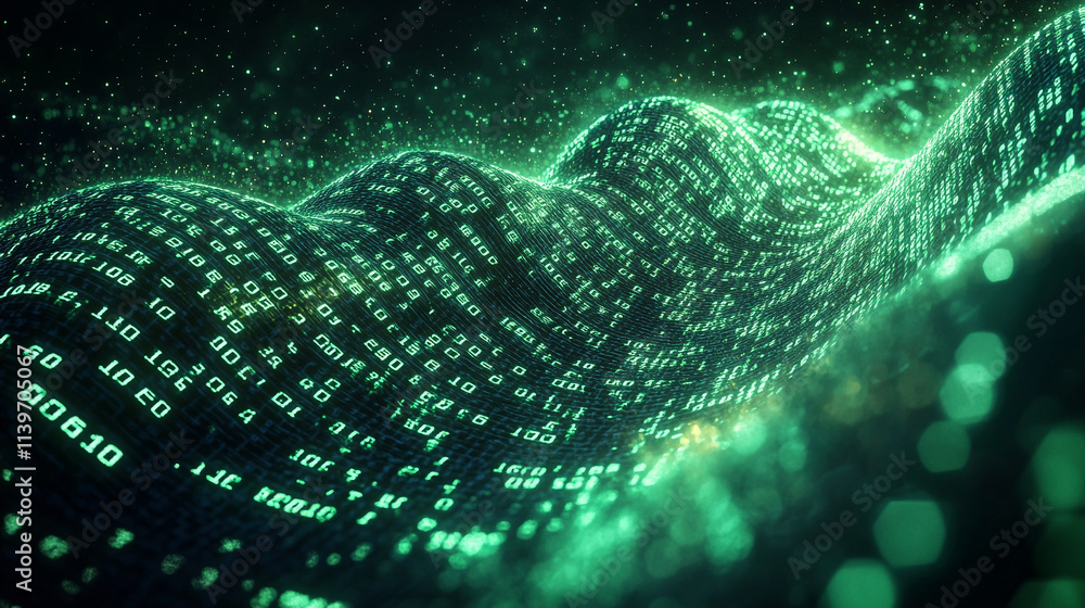 Flowing green binary code wave in a futuristic digital landscape, abstract data visualization. Flowing green binary code wave in a futuristic digital landscape, abstract data visualization.