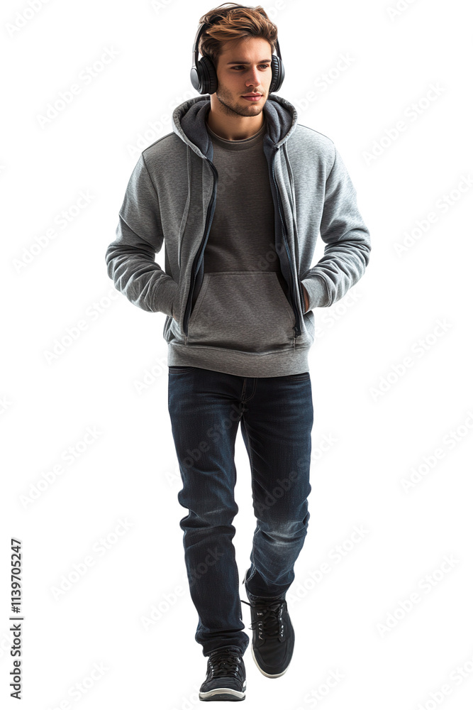 Casual man in hoodie and headphones walking. Casual man in hoodie and headphones walking.