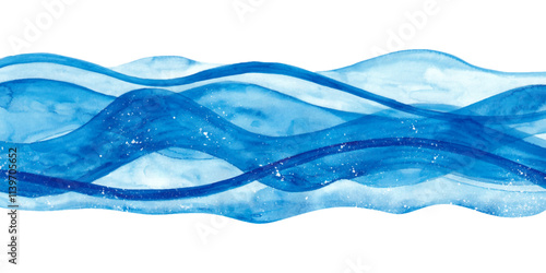 River in Watercolor Style Hand Painted. Abstract horizontal banner with waves. Blue water isolated on white background. Sea frame. Ocean minimal view