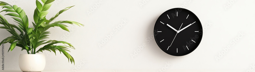 A stylish black wall clock and a green plant enhance modern interior decor. A stylish black wall clock and a green plant enhance modern interior decor.
