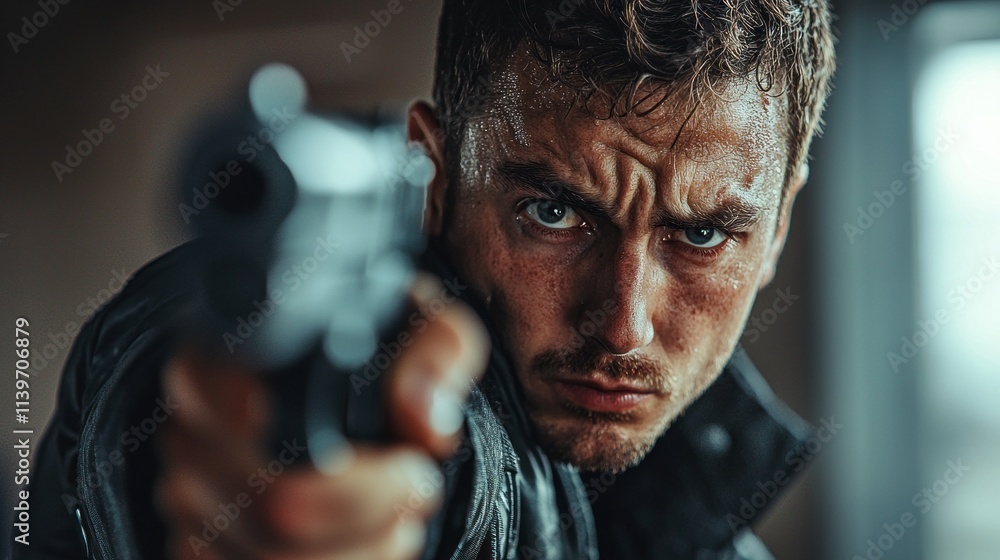 A man is holding a gun and looking at the camera A man is holding a gun and looking at the camera