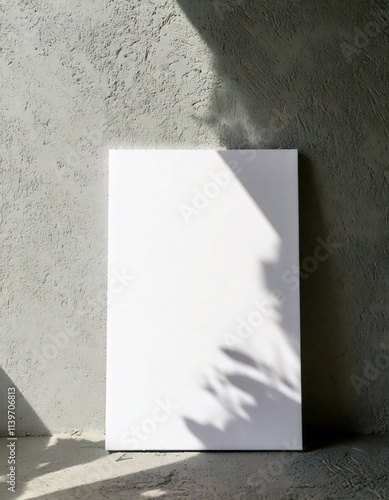 Blank white poster mockup sit on concrete floor and concrete wall background with harsh light and shadow. Clean, modern, versatile, minimalist, creative design.