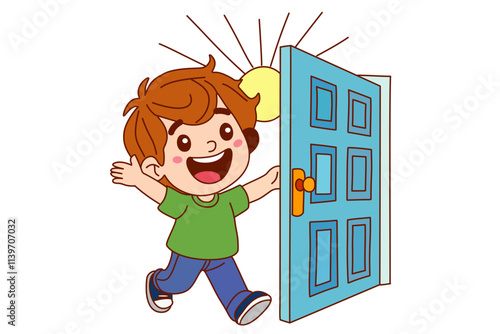 Children opened door, clipart cartoon.