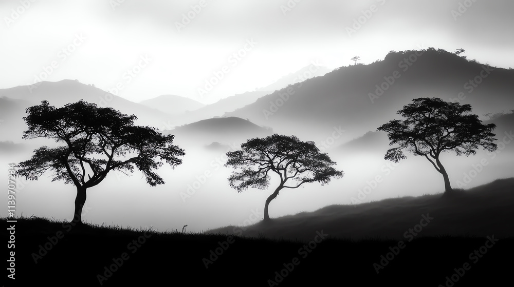 Obraz premium Silhouetted trees stand against a misty mountain backdrop in monochrome tones.