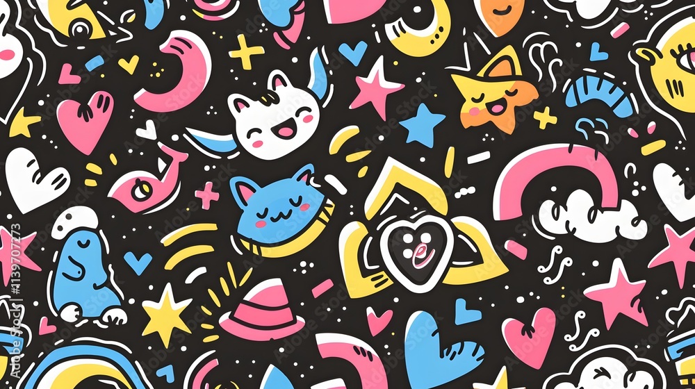 Fototapeta premium Seamless pattern with doodle hearts, stars, cats and other elements in trendy bright colors.