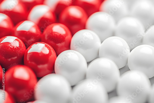 Nahaufnahme von glänzenden roten und weißen Kugeln in einem geometrischen Muster