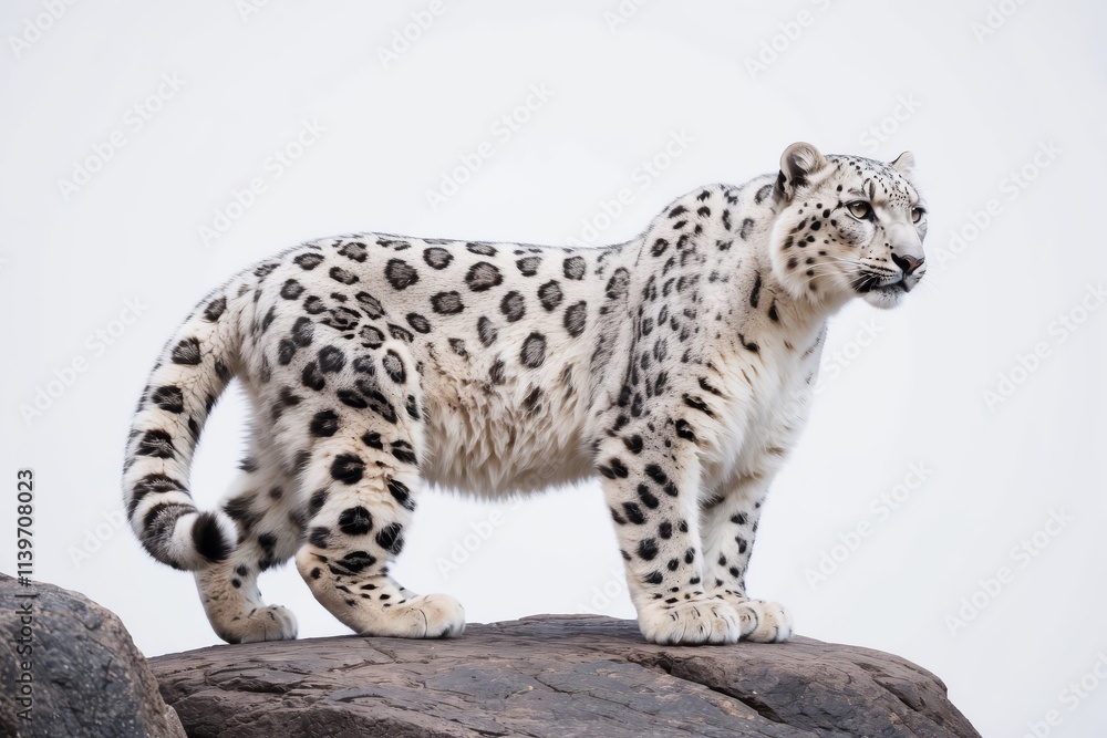 Majestic snow leopard standing on a rock against a white background. Majestic snow leopard standing on a rock against a white background.