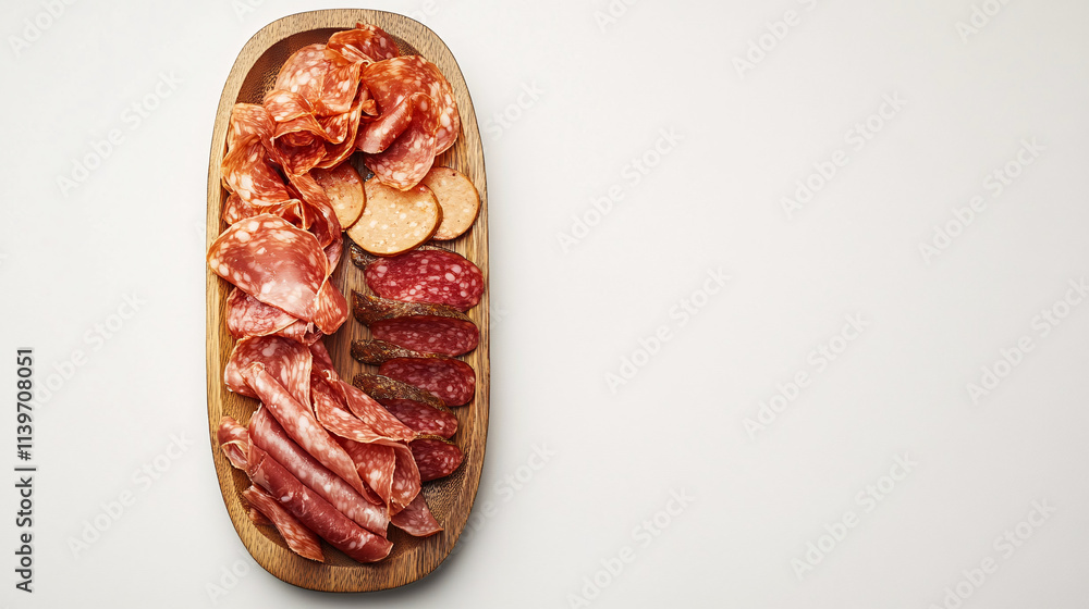 closeup of salami slices arranged on wooden plate white background closeup of salami slices arranged on wooden plate white background