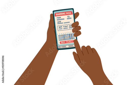 The concept of buying a plane ticket online. Human hand holding phone with airplane ticket on the screen. Travel, vacation, business trip concept. Vector flat clipart. 