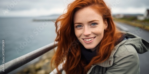 A cute red-haired girl with a beautiful smile poses near the coast on the pier, close-up portrait, Generative AI.