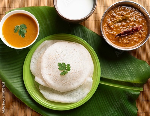 Kerala Appam with Kadala Curry tea on banana leaf, top view. Generated image photo