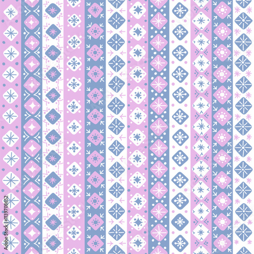 hand drawn christmas ornament. dots and snowflakes on stripes. vector seamless pattern. winter repetitive background. fabric swatch. wrapping paper. design template for textile, greeting card