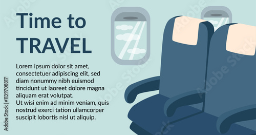 Airplane inside banner. Plane chairs and illuminator. Travel, vacation, business trip concept. Vector flat template. 