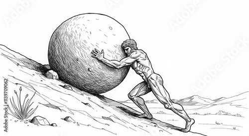pen and ink line drawing of Sisyphus rolling large boulder uphill uphill