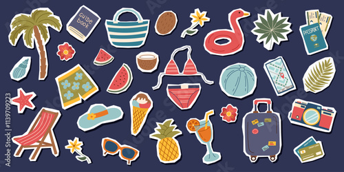 Set of summer travel beach stickers objects isolated. Travel vacation concept. Vector flat clipart.