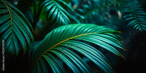 Lush Green Palm Fronds with Dew Drops, a Vibrant Tropical Leaf Texture