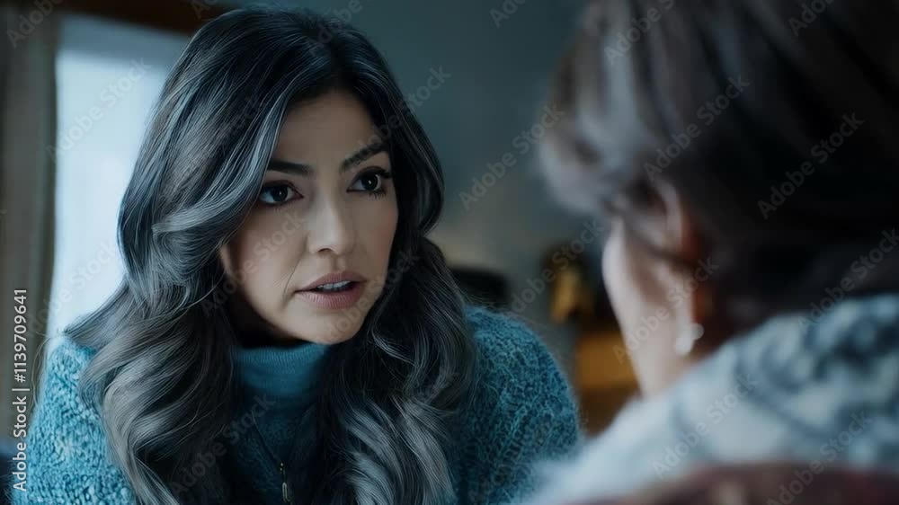 Thoughtful woman paying close attention during a conversation, showing empathy and focus Thoughtful woman paying close attention during a conversation, showing empathy and focus
